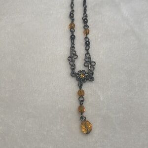 Yellow Brown Bronze Tone Beaded Antique Style Drop Necklace
